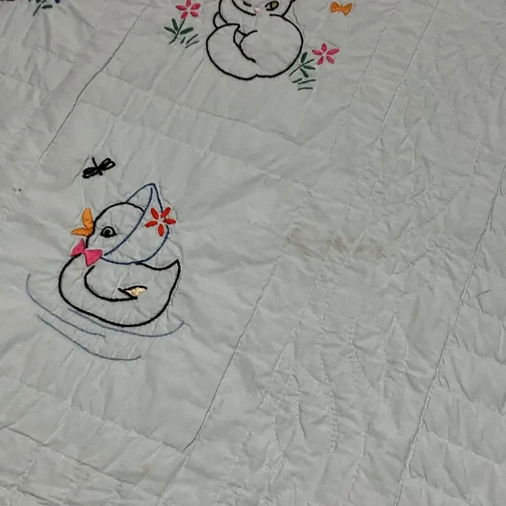 Hand Embroidered Quilt Childrens Mint Green Mid Century Baby Animals 38x68